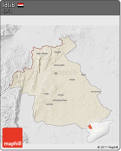 Shaded Relief 3D Map of Idlib, lighten, desaturated