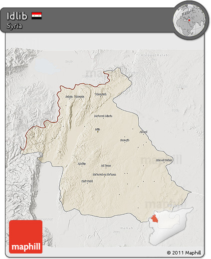 Shaded Relief 3D Map of Idlib, lighten, semi-desaturated