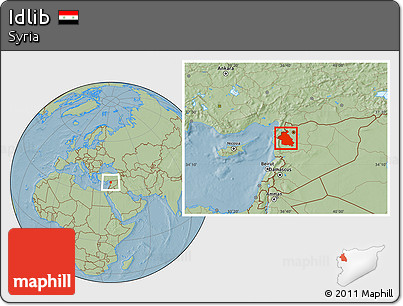 Savanna Style Location Map of Idlib, hill shading