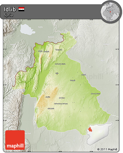 Physical Map of Idlib, lighten, semi-desaturated