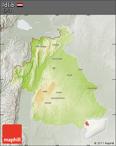 Physical Map of Idlib, lighten, semi-desaturated