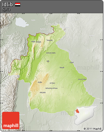 Physical Map of Idlib, lighten, semi-desaturated