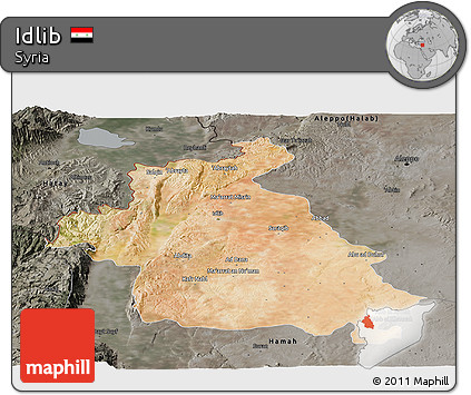 Satellite Panoramic Map of Idlib, darken, semi-desaturated