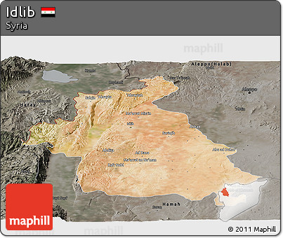 Satellite Panoramic Map of Idlib, darken, semi-desaturated