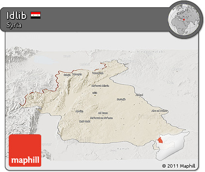Shaded Relief Panoramic Map of Idlib, lighten, semi-desaturated