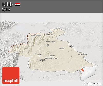 Shaded Relief Panoramic Map of Idlib, lighten, semi-desaturated