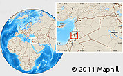 Shaded Relief Location Map of Kuneitra (El Qunaytirah, within the entire country