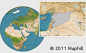 Gray Location Map of Syria, satellite outside, hill shading