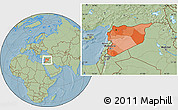 Political Location Map of Syria, savanna style outside, hill shading