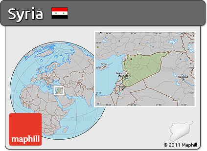 Savanna Style Location Map of Syria, gray outside, hill shading inside