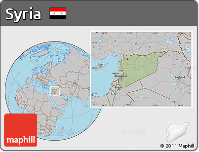 Savanna Style Location Map of Syria, gray outside, hill shading inside