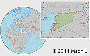 Savanna Style Location Map of Syria, gray outside, hill shading inside