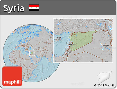 Savanna Style Location Map of Syria, gray outside, hill shading