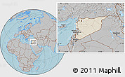 Shaded Relief Location Map of Syria, gray outside, hill shading