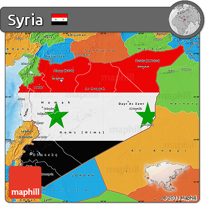 Flag Map of Syria, political outside, flag centered
