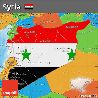 Flag Map of Syria, political outside, flag centered