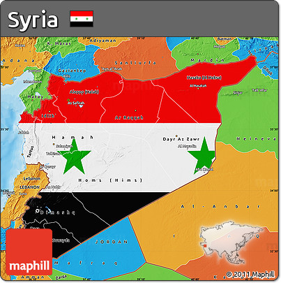 Flag Map of Syria, political outside, flag centered