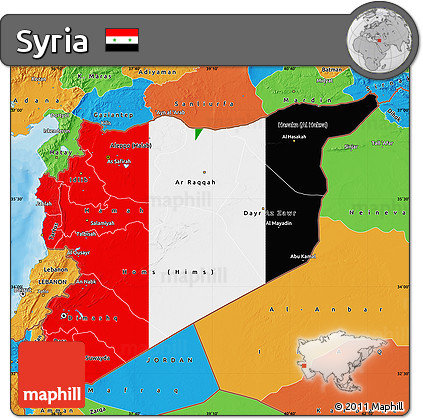Flag Map of Syria, political outside, flag aligned to the middle