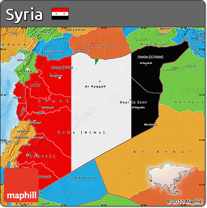 Flag Map of Syria, political outside, flag aligned to the middle