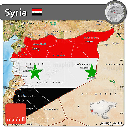 Flag Map of Syria, satellite outside, bathymetry sea, flag centered