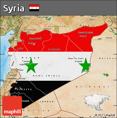 Flag Map of Syria, satellite outside, bathymetry sea, flag centered