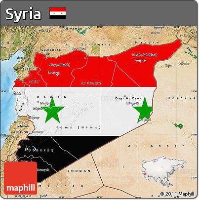 Flag Map of Syria, satellite outside, bathymetry sea, flag centered