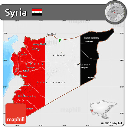 Flag Map of Syria, single color outside, bathymetry sea, flag aligned to the middle