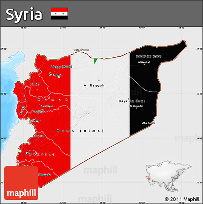 Flag Map of Syria, single color outside, bathymetry sea, flag aligned to the middle