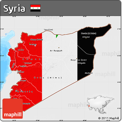 Flag Map of Syria, single color outside, bathymetry sea, flag aligned to the middle