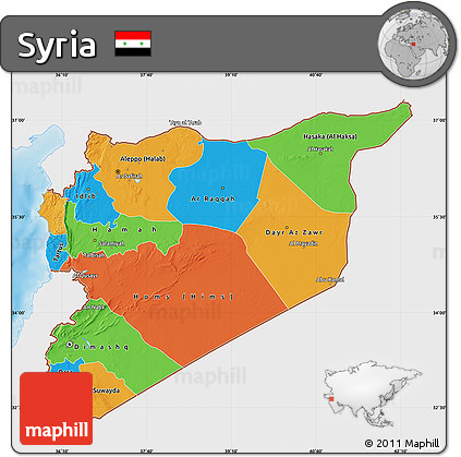 Political Map of Syria, single color outside, shaded relief sea