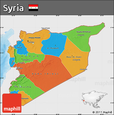 Political Map of Syria, single color outside, shaded relief sea