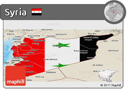 Flag Panoramic Map of Syria, shaded relief outside, bathymetry sea, flag rotated