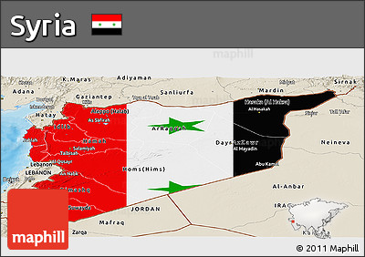 Flag Panoramic Map of Syria, shaded relief outside, bathymetry sea, flag rotated