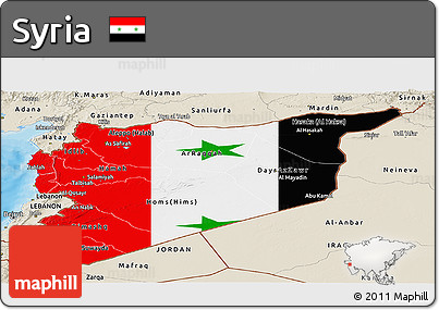 Flag Panoramic Map of Syria, shaded relief outside, bathymetry sea, flag rotated