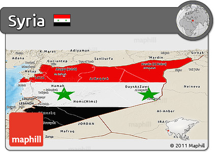 Flag Panoramic Map of Syria, shaded relief outside, bathymetry sea
