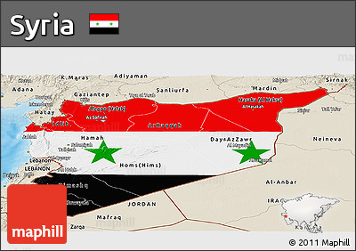Flag Panoramic Map of Syria, shaded relief outside, bathymetry sea