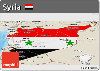 Flag Panoramic Map of Syria, shaded relief outside, bathymetry sea