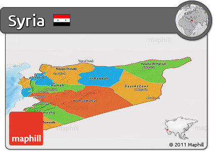 Political Panoramic Map of Syria, single color outside, shaded relief sea