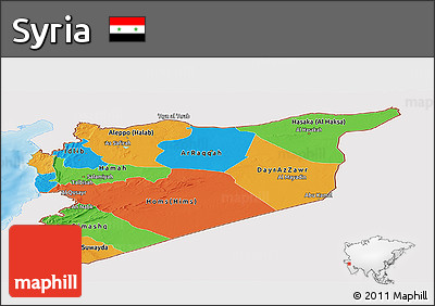 Political Panoramic Map of Syria, single color outside, shaded relief sea