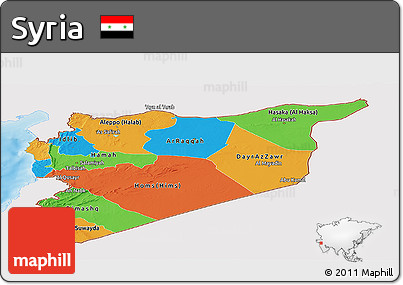 Political Panoramic Map of Syria, single color outside, shaded relief sea