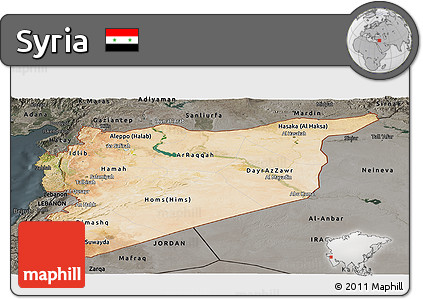 Satellite Panoramic Map of Syria, darken, semi-desaturated