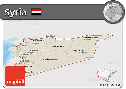 Shaded Relief Panoramic Map of Syria, single color outside