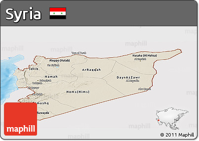 Shaded Relief Panoramic Map of Syria, single color outside