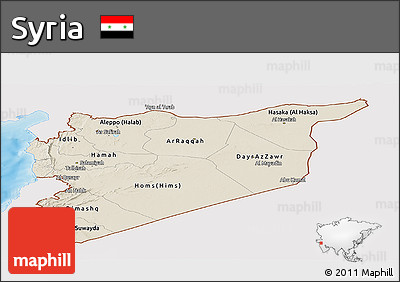 Shaded Relief Panoramic Map of Syria, single color outside