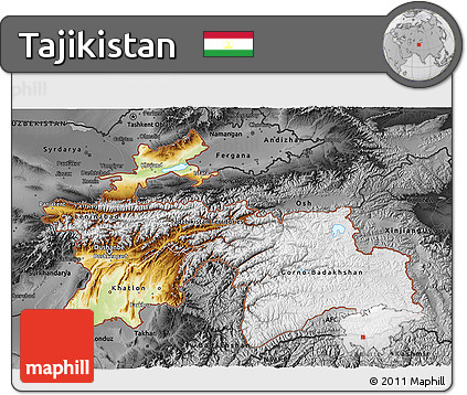 Physical 3D Map of Tajikistan, darken, desaturated