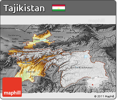 Physical 3D Map of Tajikistan, darken, desaturated