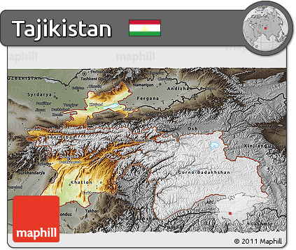 Physical 3D Map of Tajikistan, darken, semi-desaturated