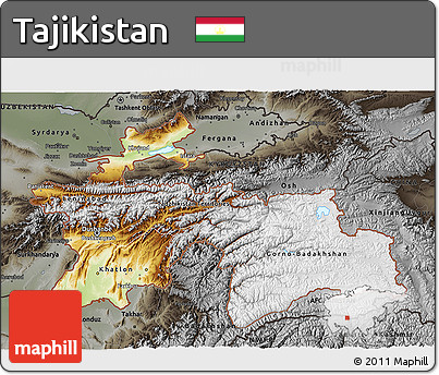 Physical 3D Map of Tajikistan, darken, semi-desaturated