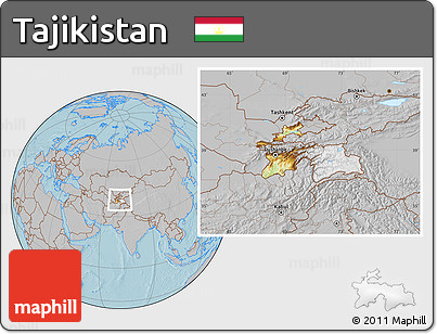 Physical Location Map of Tajikistan, gray outside, hill shading