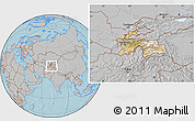Satellite Location Map of Tajikistan, gray outside, hill shading